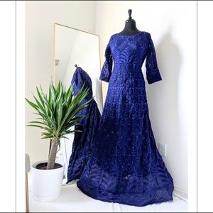 Long blue embroidered dress